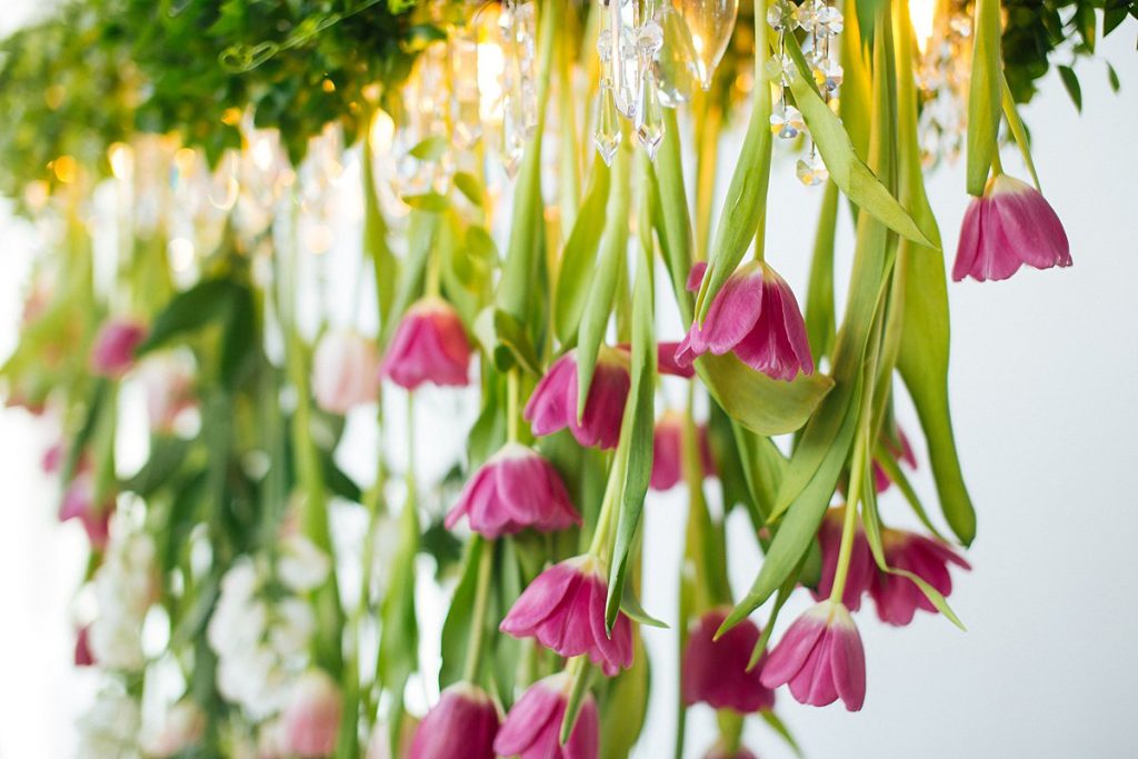 Hanging Tulips as a centerpiece option for wedding reception tables