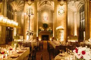 Reception Tables at University Club in Chicago showcasing various centerpiece heights, tall short and extra tall.